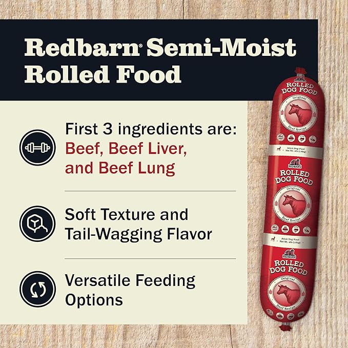 Redbarn Pet Products All-Natural Premium Rolled Dog Food, Beef Recipe - Soft Semi-Moist Wet Formula for High Protein Diet, Training Rewards, & Treat Pill Concealer - 4 lb, 1 Count (Pack of 2)
