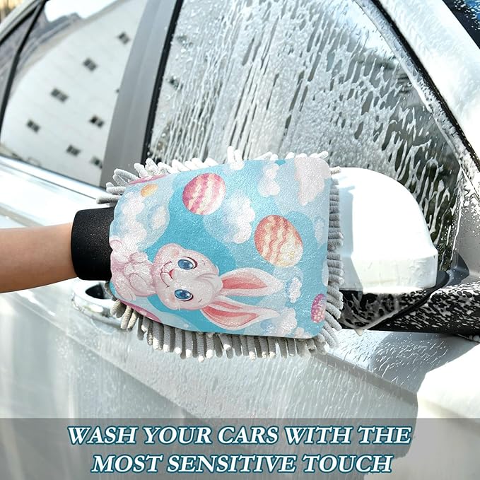 Car Wash Mitt Microfiber Wash Mitts for Car Washing Scratch-Free Cleaning Gloves Soft Non Absorbent Chenille Auto Hand Mitt Medium 2Pack Blue Cartoon Rabbit and Easter Egg