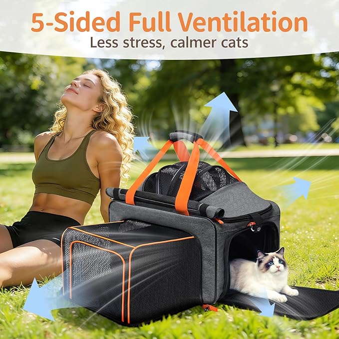 Cat Pet Carrier Soft Sided Bag Airline Approved, Foldable Travel Large Carrier for Small Kittens Medium Cats Up to 15 Lbs, Expandable Carrying Case for Car, Comfortable for Transport