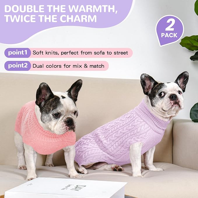 Dog Sweater 2 Pack for Medium Dogs, Size L, Pink & Purple | Stretchy cable knit turtleneck, machine washable, high belly cut, comfy winter fit for French Bulldog, Corgi