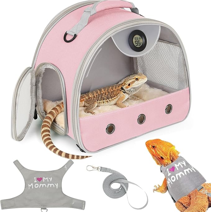 Bearded Dragon Travel Backpack Carrier with Reptile Thermometer and Humidity Gauge Lizard Travel Cage Space Capsule Clear Bubble Window Astronaut Reptile Bag for Ball Python (Pink, Carrier+I LSH)