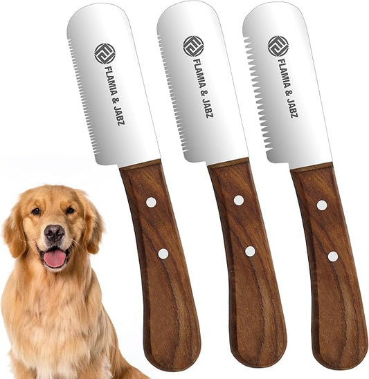 FLAMIA & JABZ Professional Dog Grooming Hand Stripping Knife, Stripper Trimmer Tool, Red Meranti Wooded Handle non slip grip with Tripping Stainless Steel blade (3 Piece Pack, Right Handed)