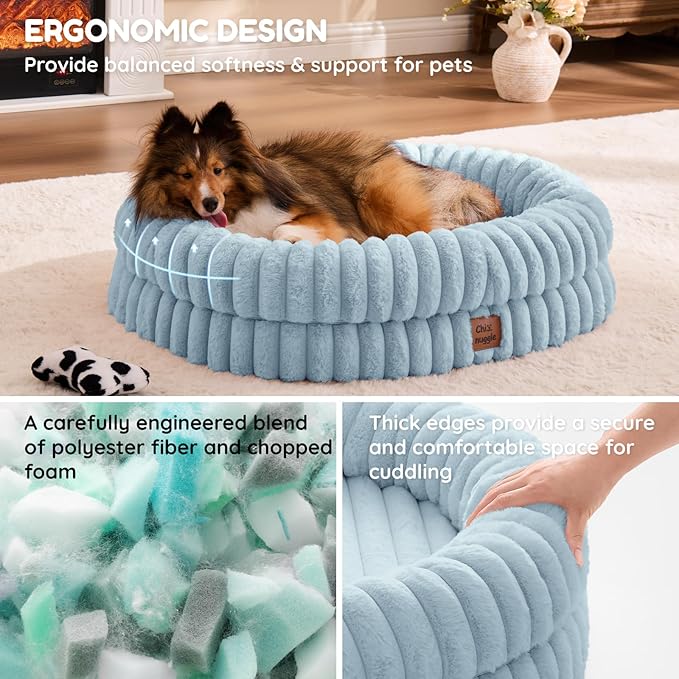 ChiXnuggle Dog Bed Medium Sized Dog - Luxury Striped Faux Fur Waterproof Pet Couch with Removable Washable Cover, Orthopedic Pet Bed with Bolster Sides for Sleeping, Light Blue