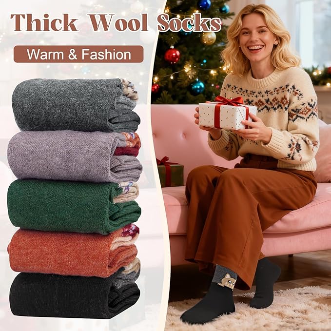 Justay 5 Pairs Womens Wool Socks Thick Warm Winter Socks Casual Cozy Socks Vintage Knit Crew Socks Gift for Women