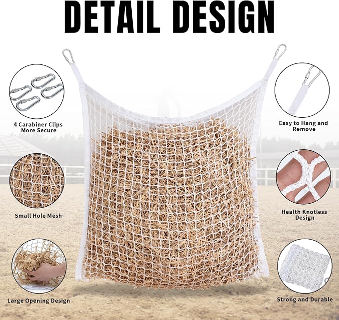 2 PCS Slow Feed Hay Net for Horses, Large Capacity Hay Bags for Horses Goats Sheep Donkey Trailer Full Day Feeding, Easy to Fill and Hang, White, 35 x 31 Inch