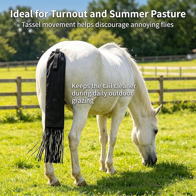 Horse Tail Bag with Fringe, Adjustable Nylon Horse Tail Protector with Fastener, Lightweight Water-Repellent Tail Bag for Braided Tail Protection, Grooming, Stable & Horse Show Use, Black