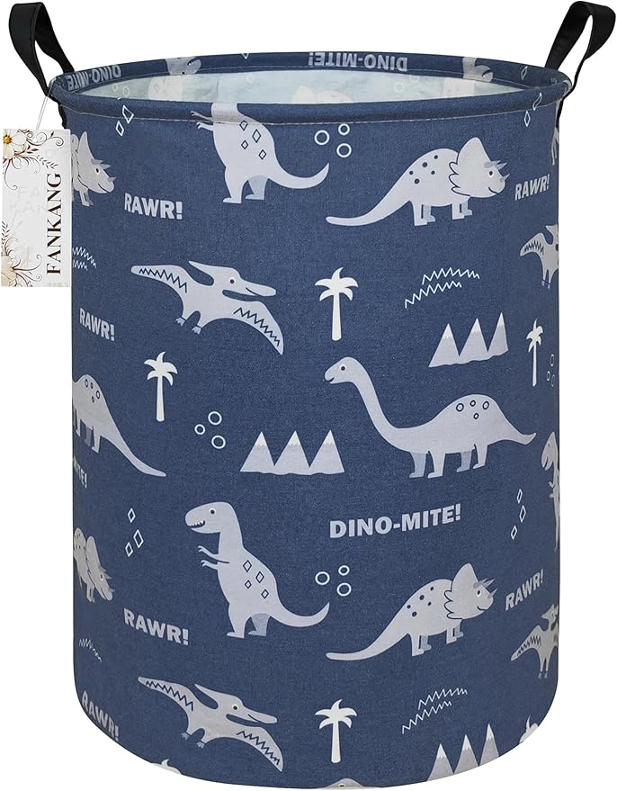 Storage Basket, Nursery Hamper Canvas Laundry Basket Foldable with Waterproof PE Coating Large Storage Baskets for Kids Boys and Girls, Office, Bedroom, Clothes,Toys(Blue dinosaur)