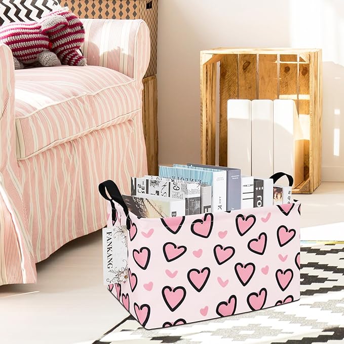 Storage Bins, Nursery Hamper Canvas Laundry Basket Foldable with Waterproof PE Coating Large Storage Baskets for Kids Boys and Girls, Office, Bedroom, Clothes,Toys(Rec-Pink Love ）