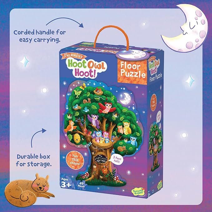 Peaceable Kingdom Shimmery Hoot Owl Hoot Floor Puzzle - 49-Piece Giant Floor Puzzle for Kids Ages 3 & up - Fun-Shaped Puzzle Pieces - Great for Classrooms