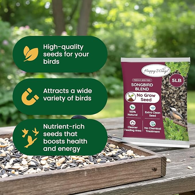 Happy Wings No Grow Bird Seed Mix Pack of 2 (5lb x 2 = 10lb) - Songbird Bird Seed with Sunflower, Safflower & Peanuts - No Mess Birdseed for Outside Feeders - Suitable Birdseed for Wild Birds