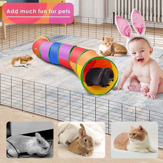 Ferret Guinea Pig Tunnel Collapsible Bunny Tube with 1 Play Ball 3 Ways Pet Rabbit Tunnels Hideout for Indoor Kitten Chinchilla Hamster Rat Small Pet Activity Fun Toys (Rainbow)