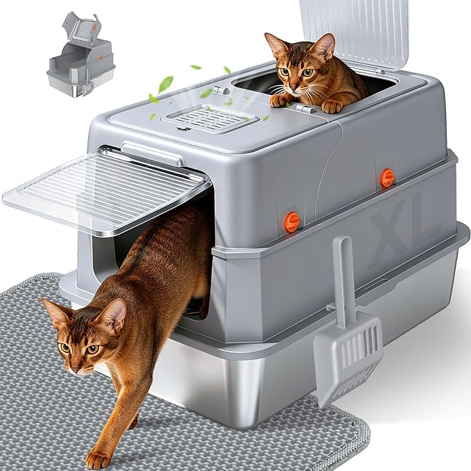 Stainless Steel Litter Box with Lid, High Sided Enclosed Metal Litter Box for Big Cats, Easy Cleaning Anti-Urine Leakage, Non-Sticky Cat Box, Front Entry Top Exit KittyBox, Includes Mat & Scoop