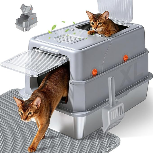 Stainless Steel Litter Box with Lid, High Sided Enclosed Metal Litter Box for Big Cats, Easy Cleaning Anti-Urine Leakage, Non-Sticky Cat Box, Front Entry Top Exit KittyBox, Includes Mat & Scoop