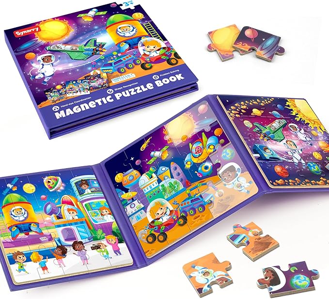 SYNARRY Magnetic Puzzles for Toddlers 3-5, Space Planets Solar System Travel Puzzles for Kids Ages 4-6, Easter Basket Stuffers Gifts for Kids, Car Airplane Road Trip Activities Magnet Games Toy