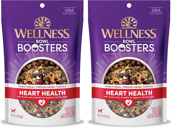 Wellness Bowl Boosters Heart Health Dog Food Topper with Freeze Dried Pieces for Small, Medium, and Large Breeds, Grain Free, Natural, Chicken Recipe, 4 oz Bag (Pack of 2)