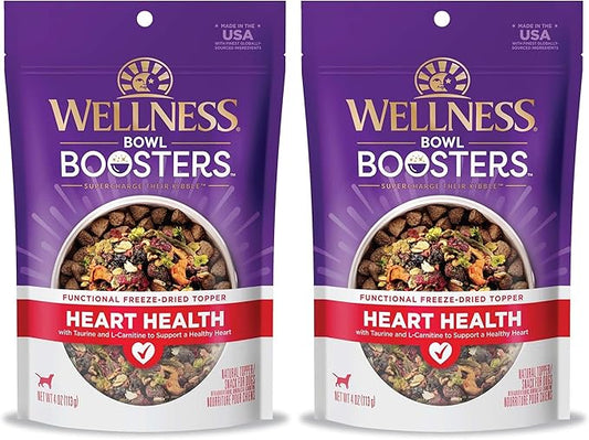 Wellness Bowl Boosters Heart Health Dog Food Topper with Freeze Dried Pieces for Small, Medium, and Large Breeds, Grain Free, Natural, Chicken Recipe, 4 oz Bag (Pack of 2)