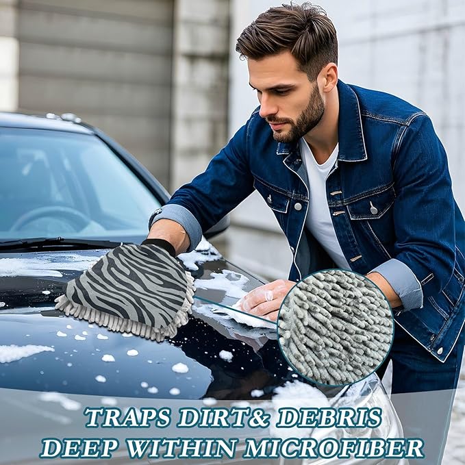 Car Wash Mitt Microfiber Wash Mitts for Car Washing Scratch-Free Cleaning Gloves Soft Non Absorbent Chenille Auto Hand Mitt Large 2Pack Grey Zebra Print