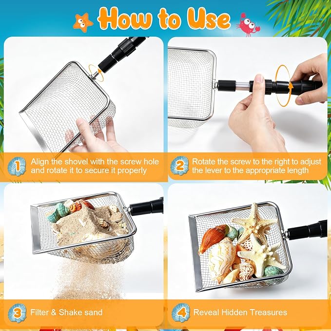 2 PCS Beach Mesh Shovel Sand Sifters, Enlarged Shark Tooth Sifter | [50% Larger Size] Extendable Handle Superior Quality for Summer Shell Collecting, Filter Sand Scooper Tools for Kids Adults