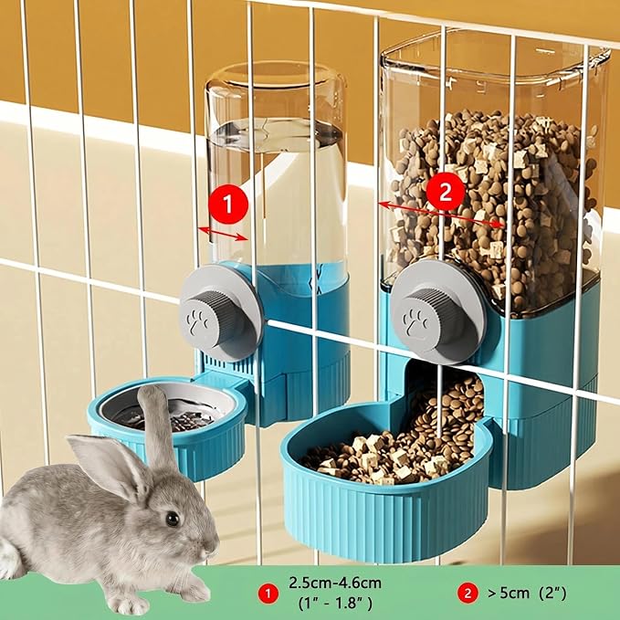 Hanging Automatic Pet Feeder and Water Dispenser Set, 40oz Gravity Food Feeder & 17oz Water Bottle for Rabbit, Guinea Pig, Ferret, Chinchilla - Cage Mount Small Animal Feeding Supplies (Blue)