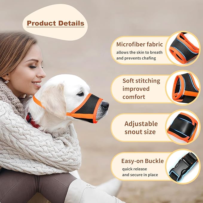HEELE Dog Muzzle,Soft Nylon Muzzle Anti Biting Barking Chewing,Air Mesh Breathable Drinkable Adjustable Loop Pets Muzzle for Small Medium Large Dogs 4 Colors 4 Sizes (Orange, M)