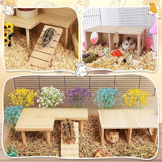 22 Pcs Hamster Platform Set Includes 1 Hamster Platform with Legs 1 Wooden 2-chamber Hideout Tubes Tunnels 20 Handcrafted Flowers Hamsters Accessories for Dwarfs Rats Gerbils Mice Syrian Habitat Decor