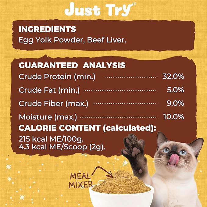 Just Try 4.23 OZ Cat Food Toppers Sprinkles with Freeze Dried Egg Yolk & Beef Liver, High Protein & Iron Support Grain Free High Protein Meal Toppers Dog Treats