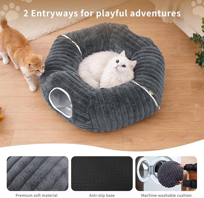Cat Tunnel Bed, Peekaboo Hideaway Cave for Indoor Cats, Machine Washable Kitten Bed, Cat Donut, Dachshund Tunnel Bed for Small Dogs, Upgraded Striped Hare Feel Fabric (Deep Grey)