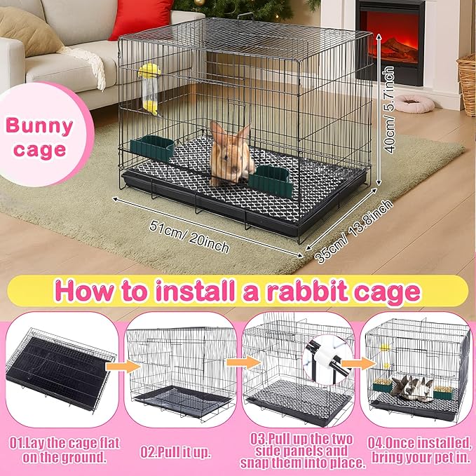 Abbylike 22 Pcs Rabbit Starter Kit with Cage, Rabbit Grooming Kit Bunny Cage Set with Bed, Litter Box, Water Bottle, Feeders, Toys, Grooming Cleaning Supplies for Indoor Rabbits Small Pets(Pink)