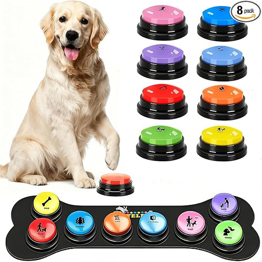 Dog Buttons for Communication Starter Pack 8 Dog Talking Button Set, 30s Voice Recording Speaking Button Pet Speech Training Buzzers with 30 Scene Stickers and Dog Button Mat for Animal Training