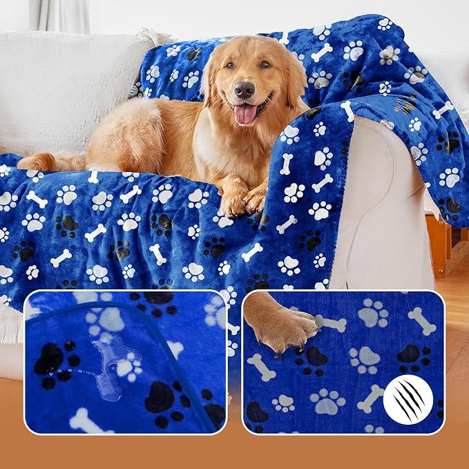 Dog Blanket Paw Bone Pattern 1 Pack 2 Super Soft Warm Flannel Sofa Cover Car Bed Protector, Urine Proof Washable Outdoor Pet Blanket for Puppy Large Dogs & Cats,60"*50" Blue