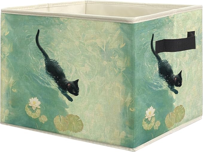 Black Cat Swimming in Pond Storage Bin Box, Cat Lover Mom Lady Grandma Gifts Collapsible Storage Basket Organizer for Bedroom Bathroom Home Clothes Toys Books, Toybox for Girls
