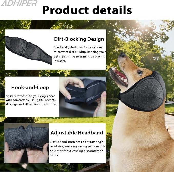 Adhiper Upgrade Dog Ear Muffs Wraps Noise Protection Quiet Ears, Elastic Waterproof Dog Ear Covers for Grooming, Bath, Drying, Swim & Anxiety Relief Reserved Ear Room Design (Gray/Large)