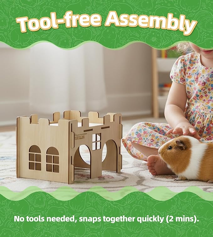 HIIMALEX Sturdy Guinea Pig Hideout Wooden Castle for Guinea Pig Chinchilla Hedgehog Gerbil Hamster Rat House Habitat for Playing and Hiding (GPT26)