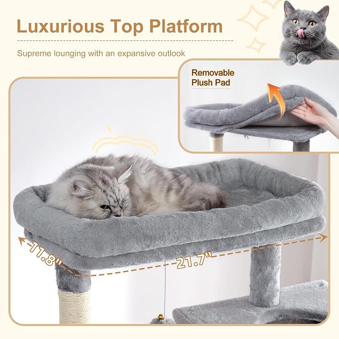 Heybly Cat Tree, 76-Inch Tall Heavy Duty Cat Tower for Big Cats with Extra Wide Baseboard, Multi-Level Large Cat Furniture with 2 Condos & 2 Hammocks, 10 Scratching Posts, Light Gray HCT039W