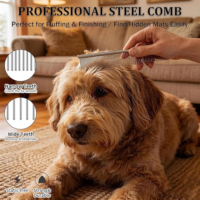 Large Slicker Brush for Dogs, 4-in-1 Extra Long Pins Dematting Dog Brush Grooming with Doodles Goldendoodles & Poodles, Deshedding Brush Set Cleaning Tool for Thick Double Coats,Naturally