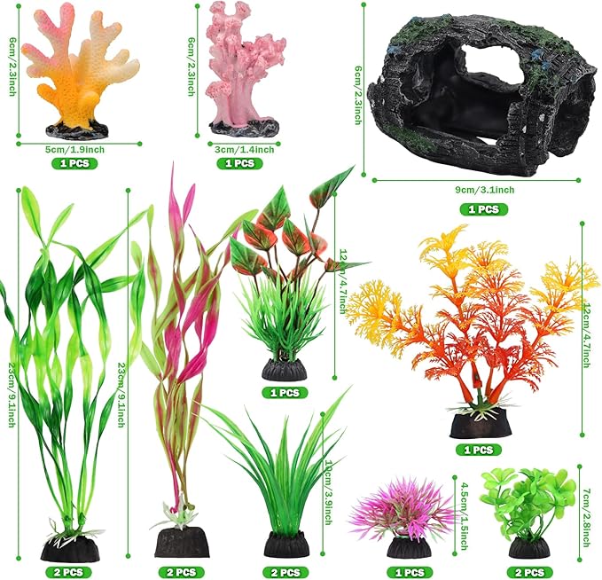 QUOZUO Broken Barrel Fish Tank Decor, 16pcs Fish Tank Accessories Artificial Plants Aquarium Ornaments for Fish Cave Hide - Resin Barrel x1pcs, Coral x2pcs, Aquarium Plastic Plants x13pcs