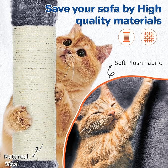 ABCPET Cat Tree Tower 63in Multi-Level Cat Tower for Indoor Cats with Sisal Scratching Posts, Condo, Hammock, Dangling Ball and Extended Platform for Cats to Play, Grey