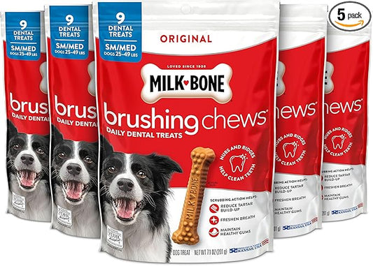Milk-Bone Brushing Chews Original Chicken Flavor Daily Dental Dog Treats, Small/Medium, 7.1 Oz. Bag (Pack of 5)