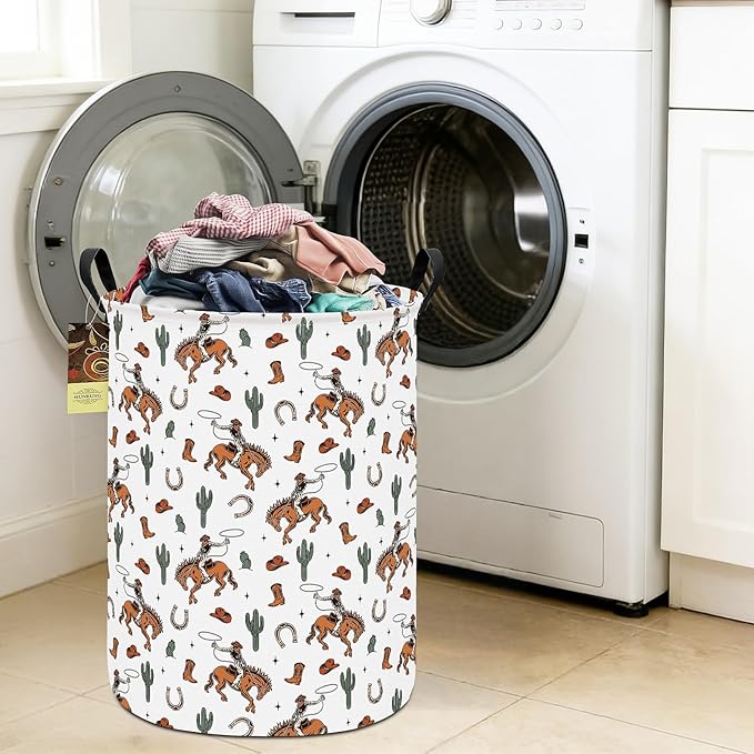 Collapsible Fabric Storage Basket, Waterproof Laundry Hamper with Handles, Round Storage Bin for Clothes Toys, Foldable Organizer for Bedroom Nursery Bathroom(Round-Cowboy)