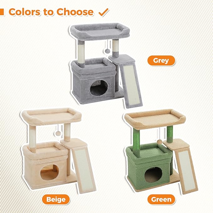 PEQULTI Small Cat Tree Tower for Large Adult Cats with Wide Top Perch, Private Cat Condo and Sisal Scratching Post&Pad for Indoor Cats, Beige