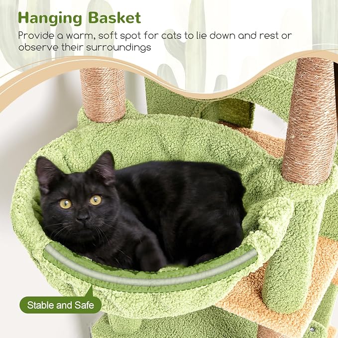 Globlazer Cactus Cat Tree Tall, 71 inches Cat Tower for Indoor Adult Cats Multi-Level 3 Condos for Indoor Cats XL Cat Tree Tower with Scratching Posts, Soft Extra Large Hanging Basket, F71, Green