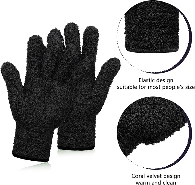 Patelai 2 Pairs Microfiber Gloves for plants Dusting Cleaning Glove Mittens House Cars Blinds Dusting(Black, Pink,Large)