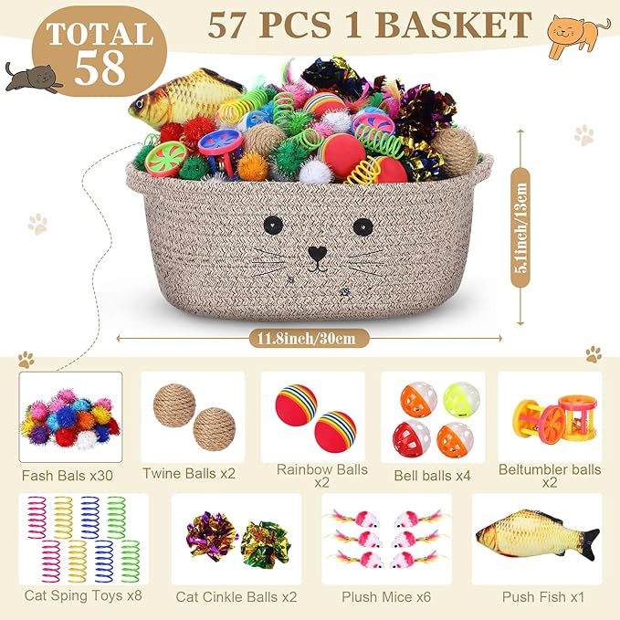 Zopeal 58 Pcs Mother’s Day Cat Storage Basket Gift Toys Set, Colorful Flashing Balls Pet Bell Crinkle Balls Spring Toys Attract Cat to Swat, Hunt, Interactive for Pet(Dark Brown,12 Inch)