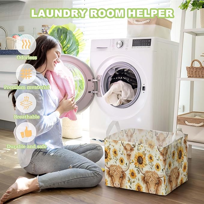 Sunflower Highland Cow Storage Basket, Highland Cow Nursery Decor, Closet Shelf Organizer Baskets for Nursery Decor, Bathroom, Bedroom, Large Squarecanvas Laundry Hamper With Foldable