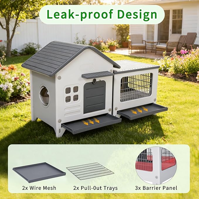 Rockever Plastic Rabbit Cage Outdoor Indoor, Waterproof Rabbit Hutch-Leak-Proof Pull-Out Tray&Chew-Proof, Bunny Cage Guinea Pig Cages with Run, Easy-Clean & Ideal for Small Animal(Grey)