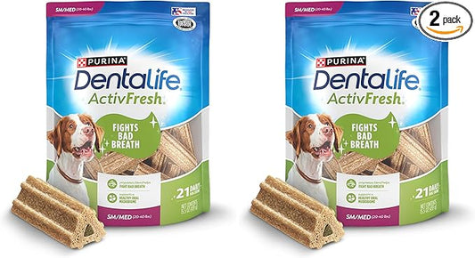 Dentalife ActivFresh Dog Chews for Small and Medium Dogs 20-40 lbs., Dental to Freshen Breath, Chicken Flavor, 15.5 oz., 21-21 ct. Pouch (Pack of 2)