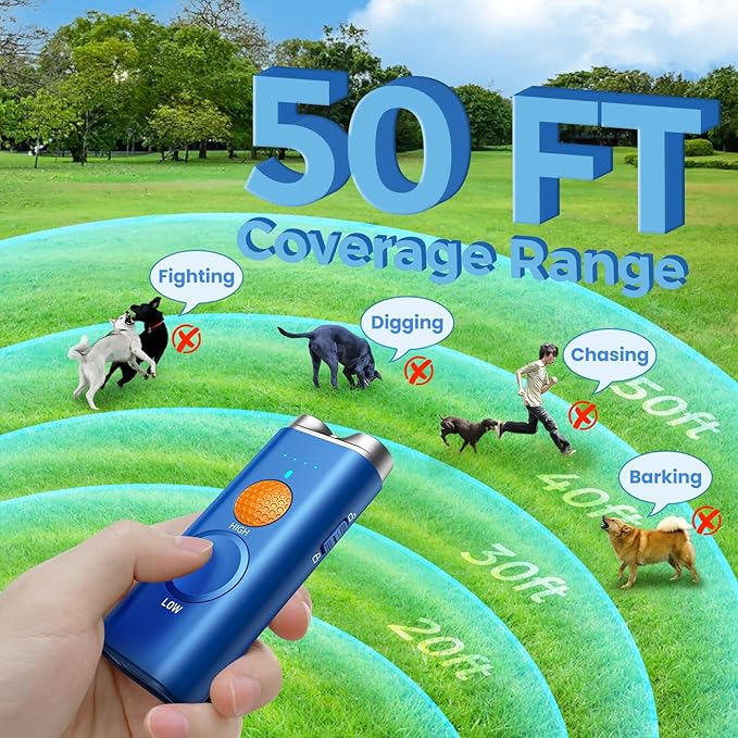 Dog Bark Deterrent Device, 3-in-1 Ultrasonic Anti Barking for Dogs Barks No More, Dog Barking Silencer with 50ft Range, Safe & Effective for Own or Neighbor's Dog, Portable & Rechargeable