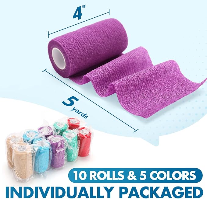 LotFancy Vet Wrap, 4 Inch x 5 Yards, 10 Pack Self Adhesive Bandage Wrap, Non-Woven Cohesive Bandage, First Aid Tape for Horses Dogs Cats Elbow Ankle, Assorted Color
