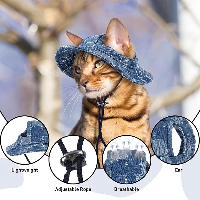 QBLEEV Cat Hats for Cats Only, Sphynx Hat with Ear Hole, Summer Cowboy Hats | Breathable kitten headwear mini sun sombrero caps, pet chihuahua sunscreen baseball outdoor climbing cap for birthday party