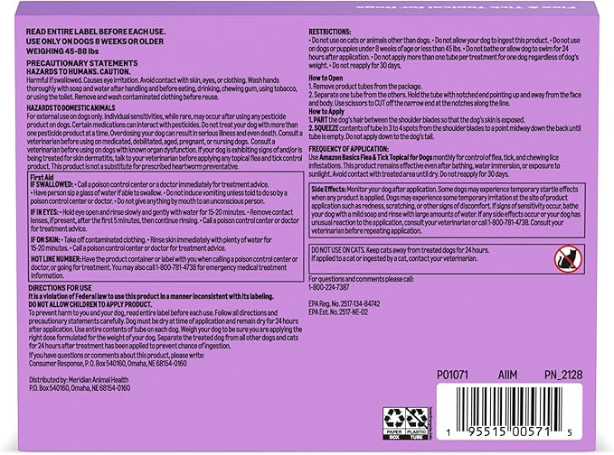 Amazon Basics Flea and Tick Topical Treatment and Prevention for Large Dogs (45-88 lbs), Fast Acting and Long Lasting, Tick Prevention, 6 Count, Packaging May Vary
